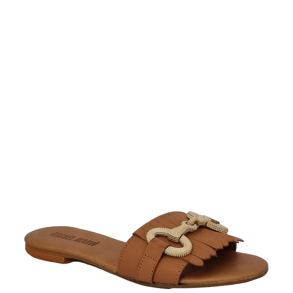 Ciabattine con frange e accessorio oro in pelle cuoio