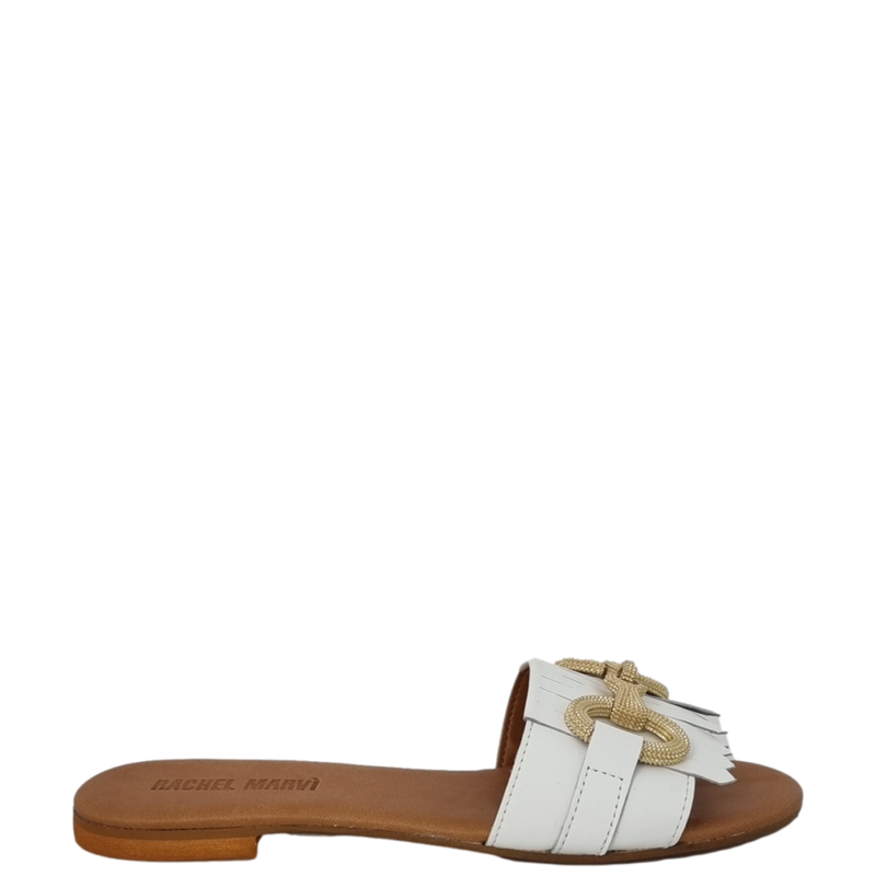 Ciabattine con frange e accessorio oro in pelle bianco