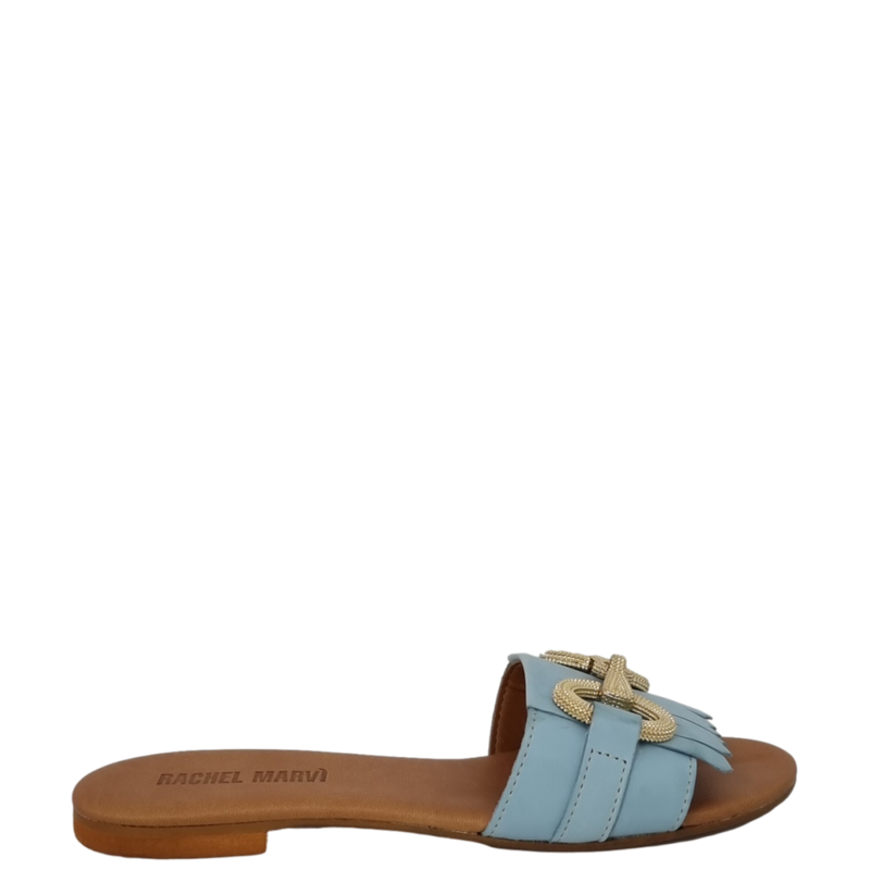 Ciabattine con frange e accessorio oro in pelle celeste