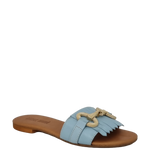 Ciabattine con frange e accessorio oro in pelle celeste