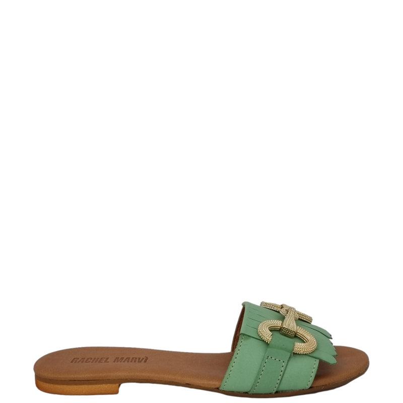 Ciabattine con frange e accessorio oro in pelle verde