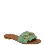 Ciabattine con frange e accessorio oro in pelle verde