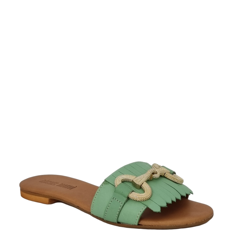 Ciabattine con frange e accessorio oro in pelle verde
