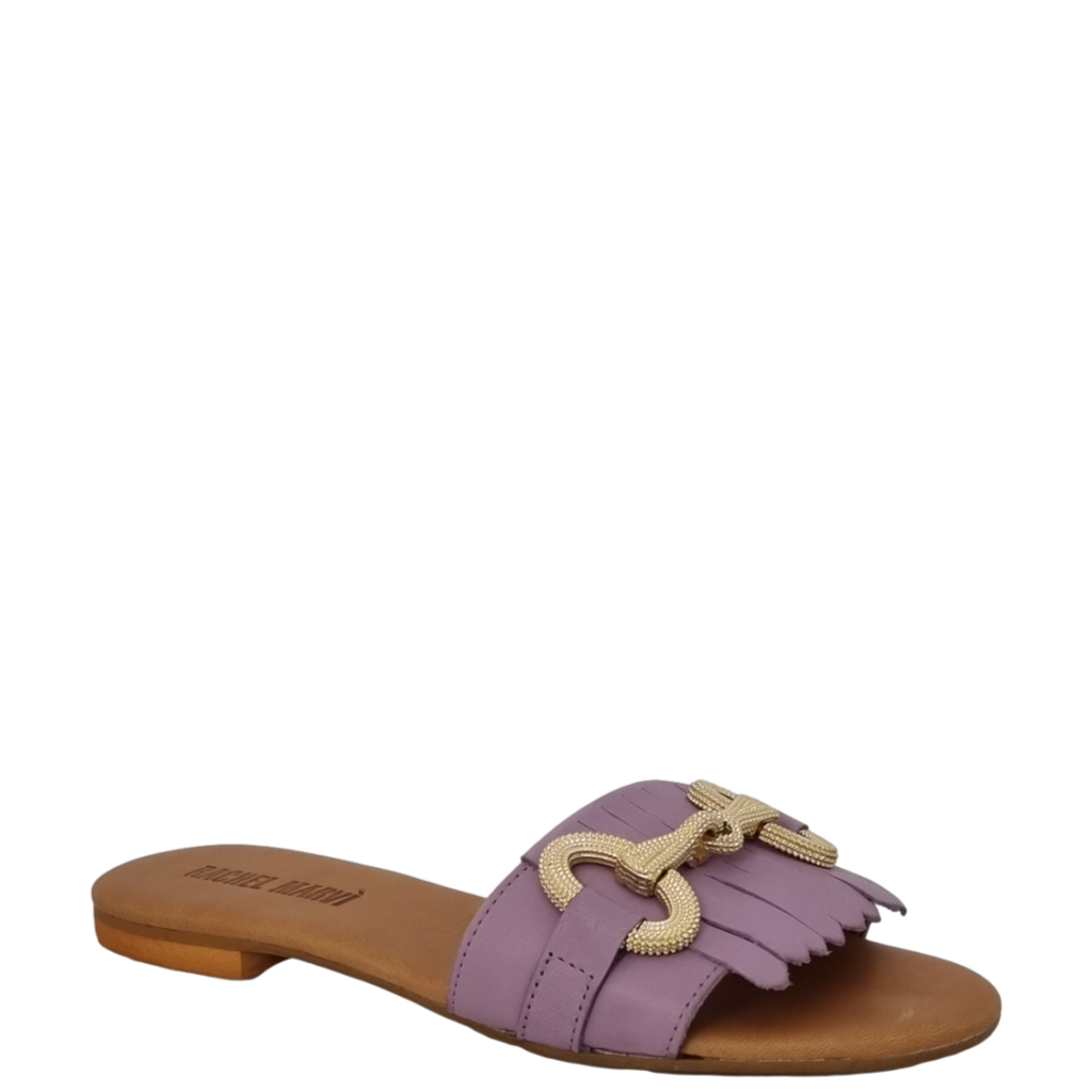 Ciabattine con frange e accessorio oro in pelle glicine