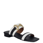 Sandali bassi bicolore neri e bianco con accessorio oro