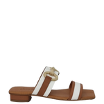 Sandali bassi bicolore cuoio e bianco con accessorio oro