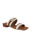 Sandali bassi bicolore cuoio e bianco con accessorio oro