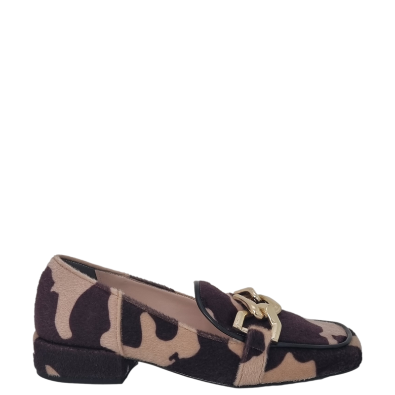 Mocassini animalier punta quadrata e accessorio oro F/W