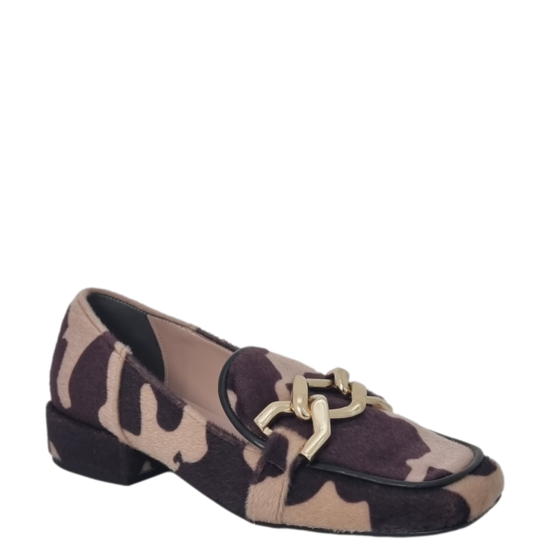 Mocassini animalier punta quadrata e accessorio oro F/W