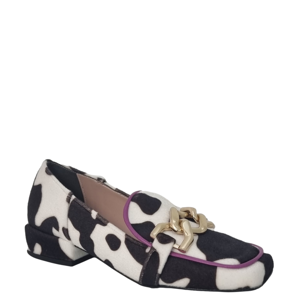 Mocassini animalier punta quadrata e accessorio oro F/W