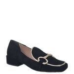 Mocassini punta quadrata camoscio nero e accessorio oro F/W