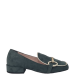 Mocassini punta quadrata camoscio verdone e accessorio oro F/W