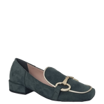 Mocassini punta quadrata camoscio verdone e accessorio oro F/W
