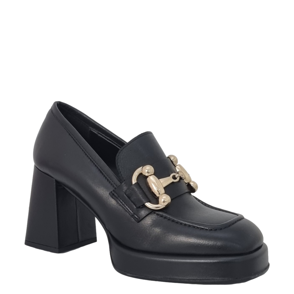 Mocassini con accessorio oro tacco e plateau basso in pelle nero F/W