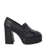 Mocassini con frange tacco e plateau alto in pelle nero F/W