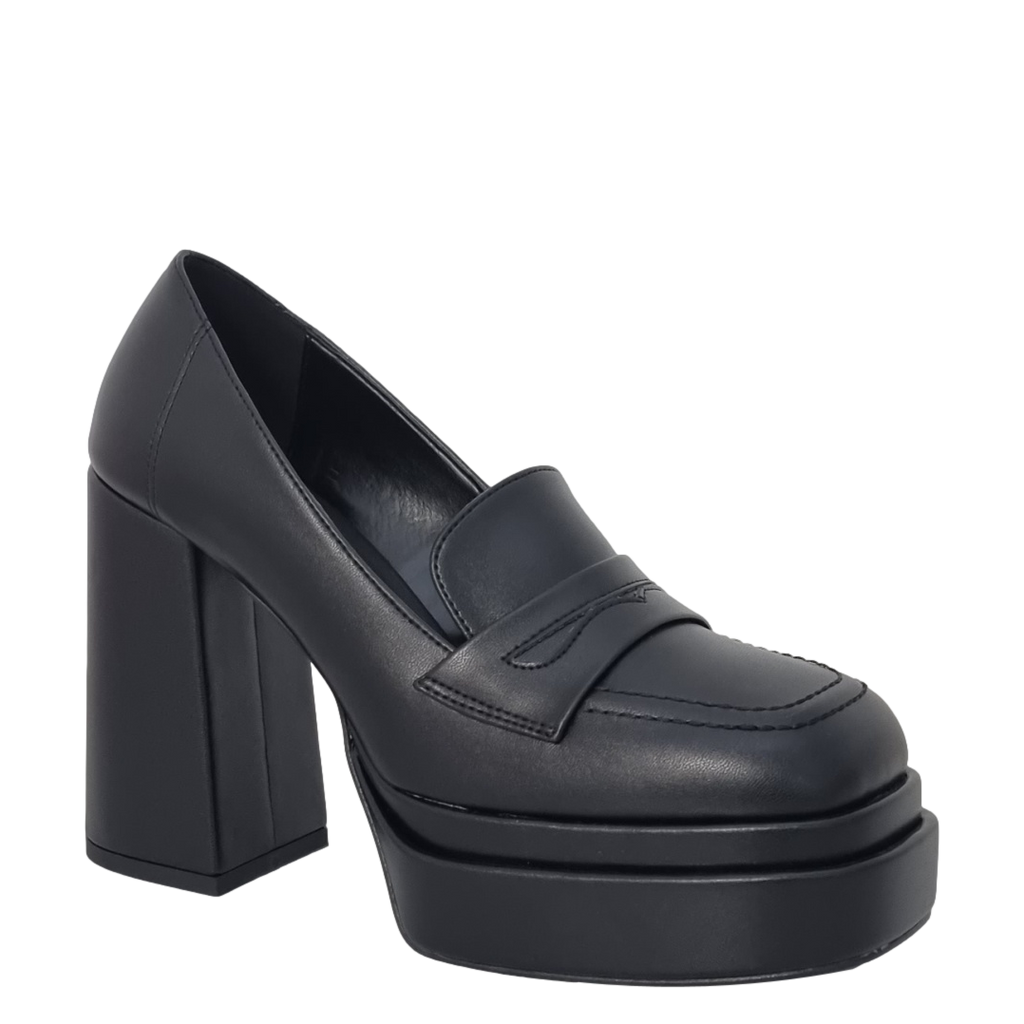 Mocassini con tacco e doppio plateau in pelle nero F/W
