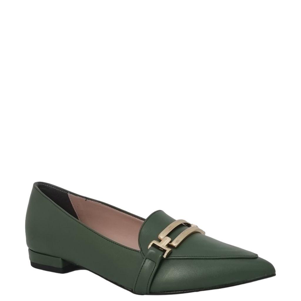 Ballerine a punta in pelle verde con accessorio oro F/W