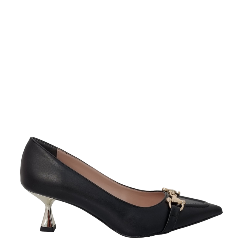 Décolleté nero con tacco particolare oro e accessorio F/W