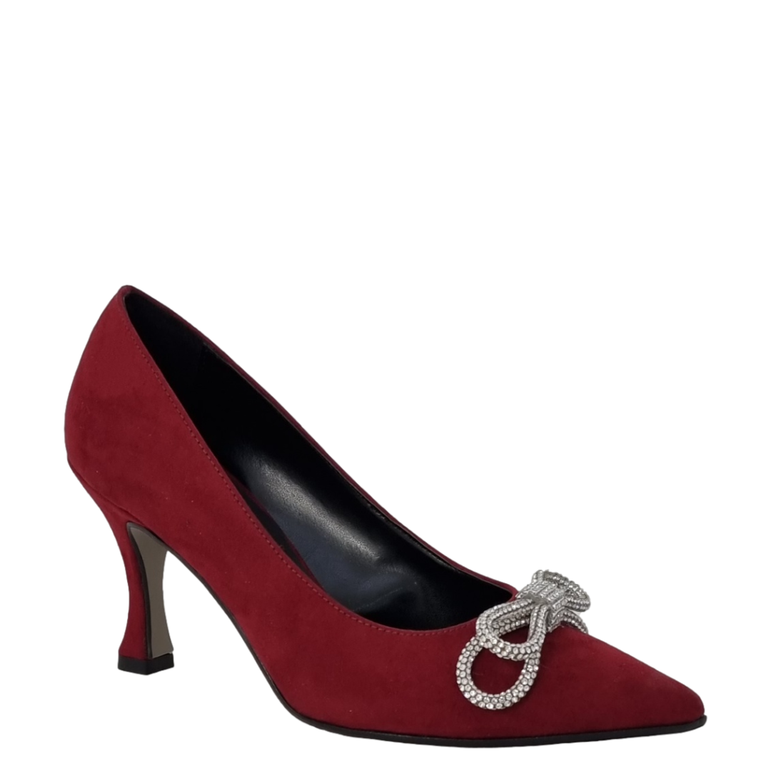 Décolleté tacco in camoscio bordeaux con fiocco strass F/W