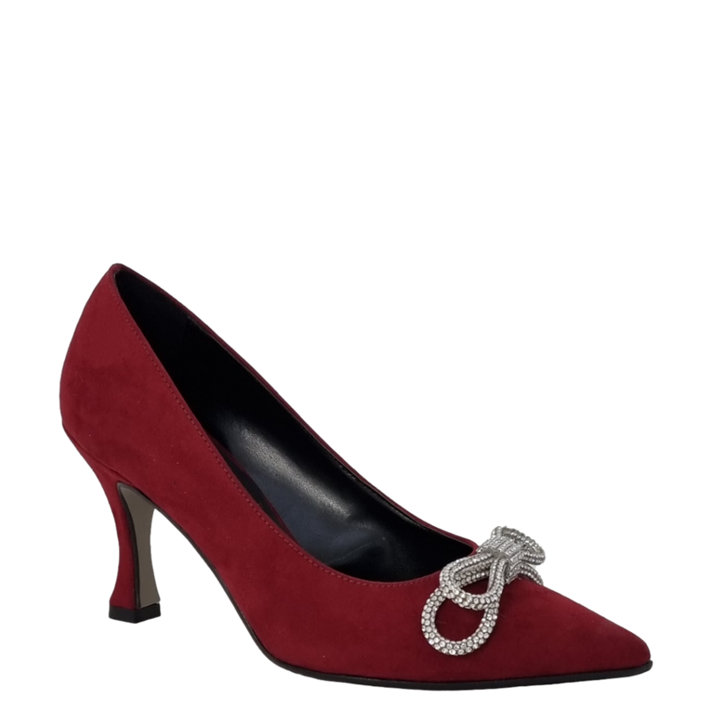 Décolleté tacco 7 in camoscio bordeaux con fiocco strass F/W