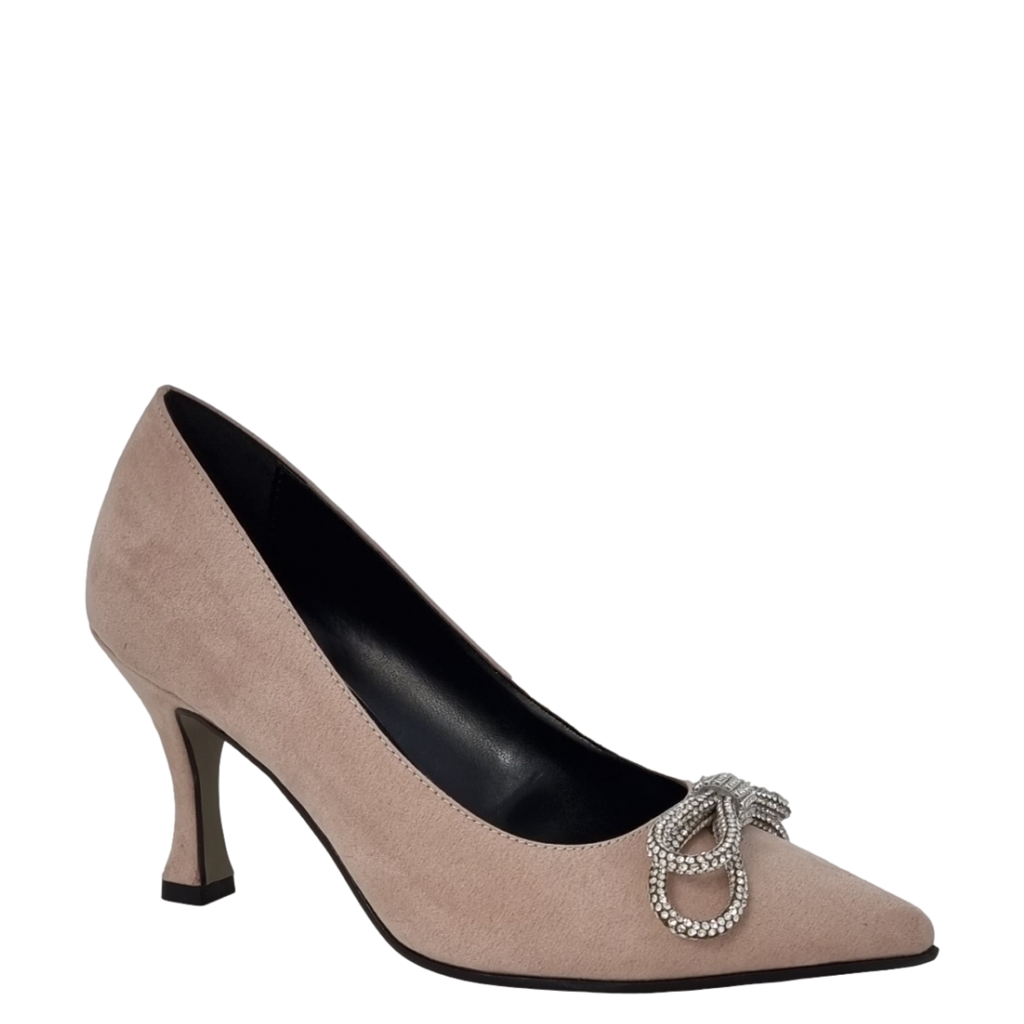 Décolleté tacco 7 in camoscio beige con fiocco strass F/W