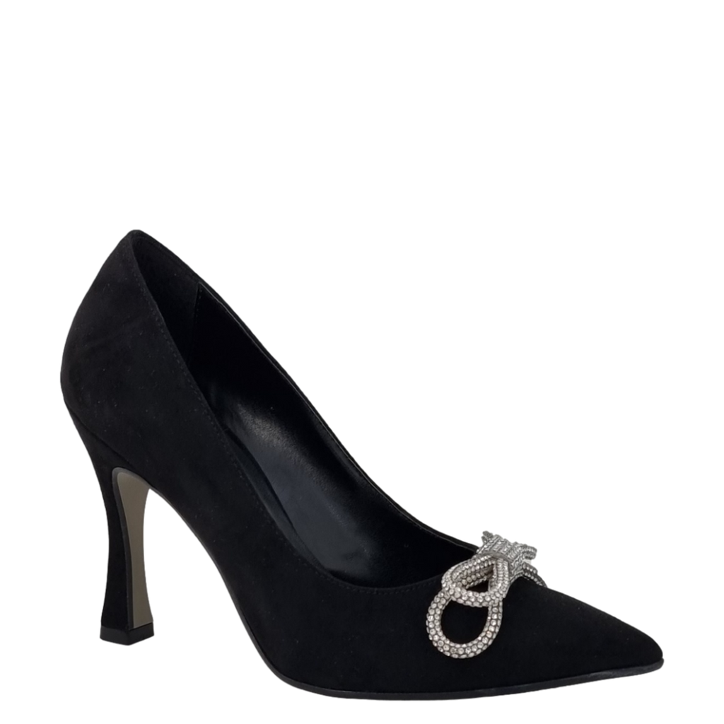 Décolleté tacco alto in camoscio nero con fiocco strass F/W