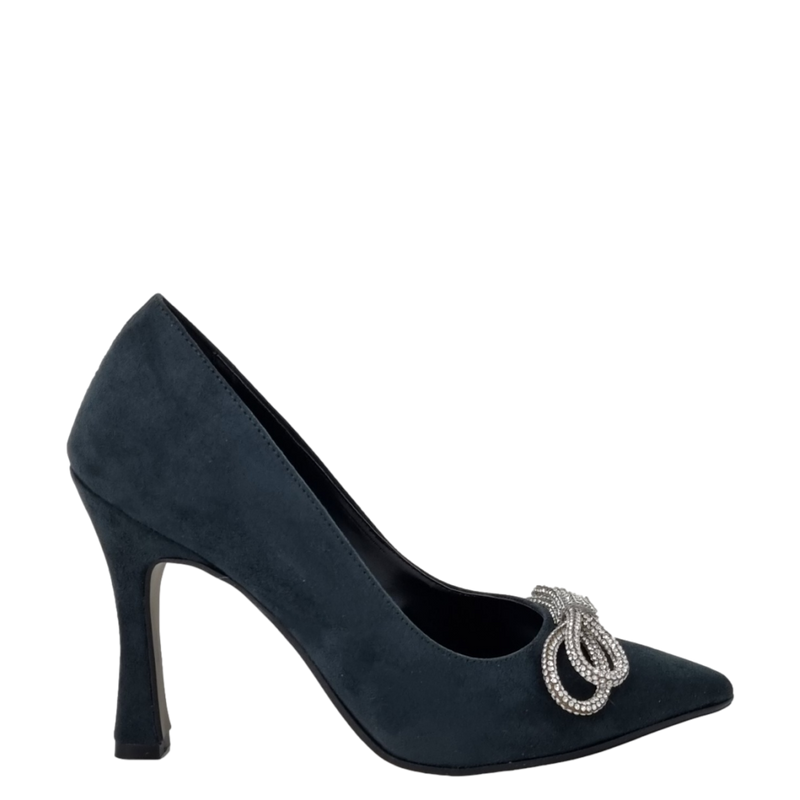 Décolleté tacco alto in camoscio verde con fiocco strass F/W