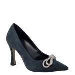 Décolleté tacco alto in camoscio verde con fiocco strass F/W