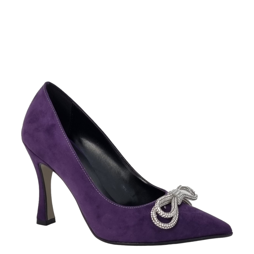 Décolleté tacco alto in camoscio viola con fiocco strass F/W