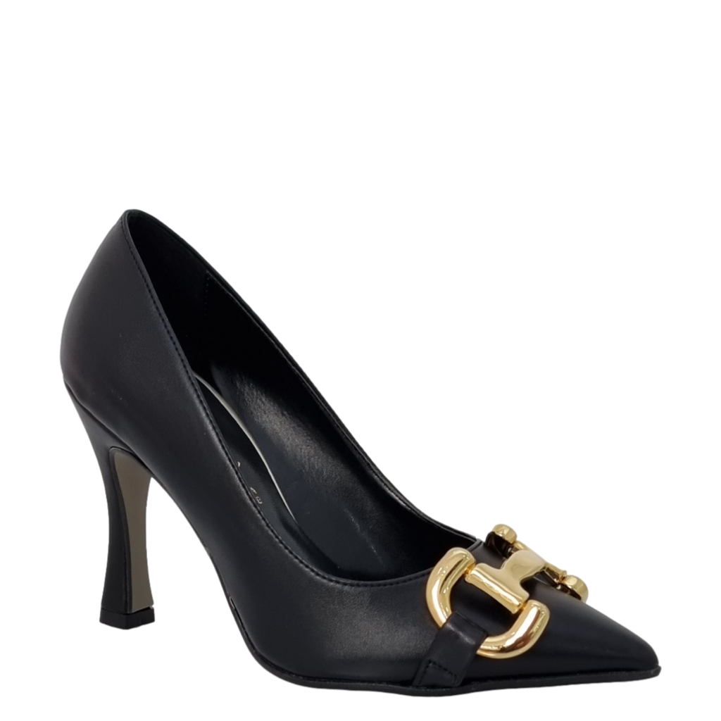 Décolleté tacco alto in pelle nero con accessorio oro F/W