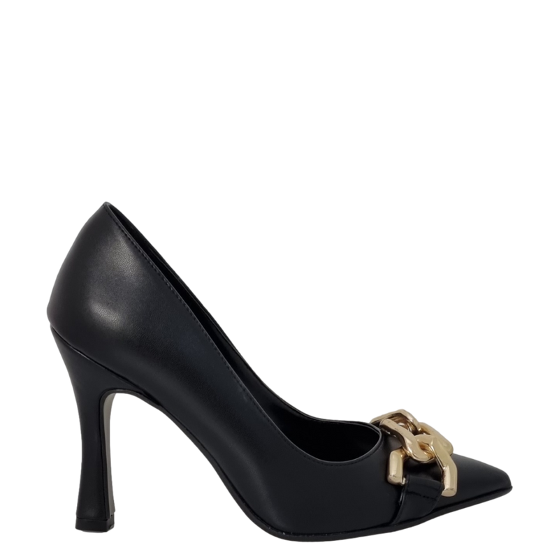 Décolleté tacco alto in pelle nero con accessorio oro F/W