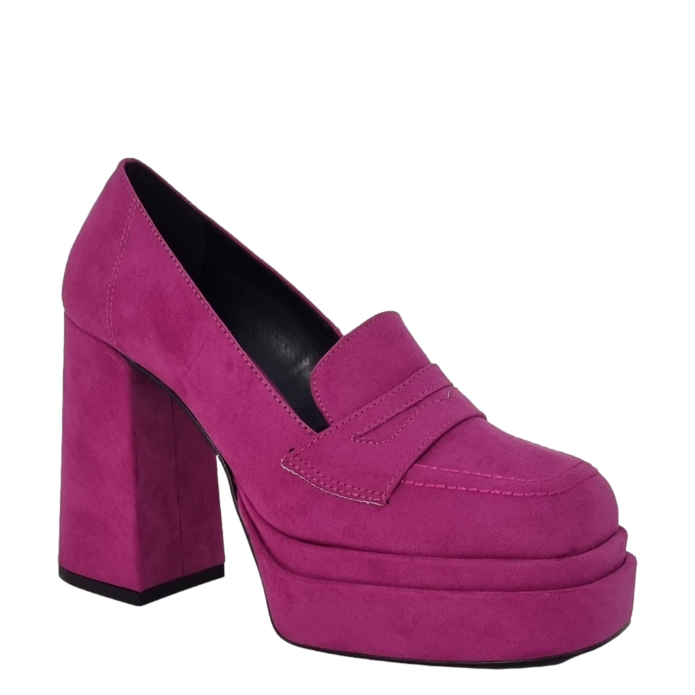 Mocassini con tacco e doppio plateau in camoscio fuxia F/W
