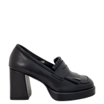 Mocassini con frange tacco e plateau basso in pelle nero F/W