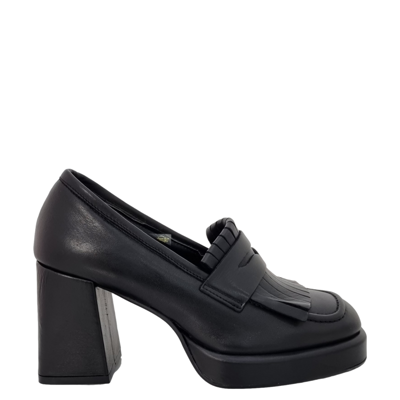 Mocassini con frange tacco e plateau basso in pelle nero F/W