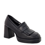 Mocassini con frange tacco e plateau basso in pelle nero F/W