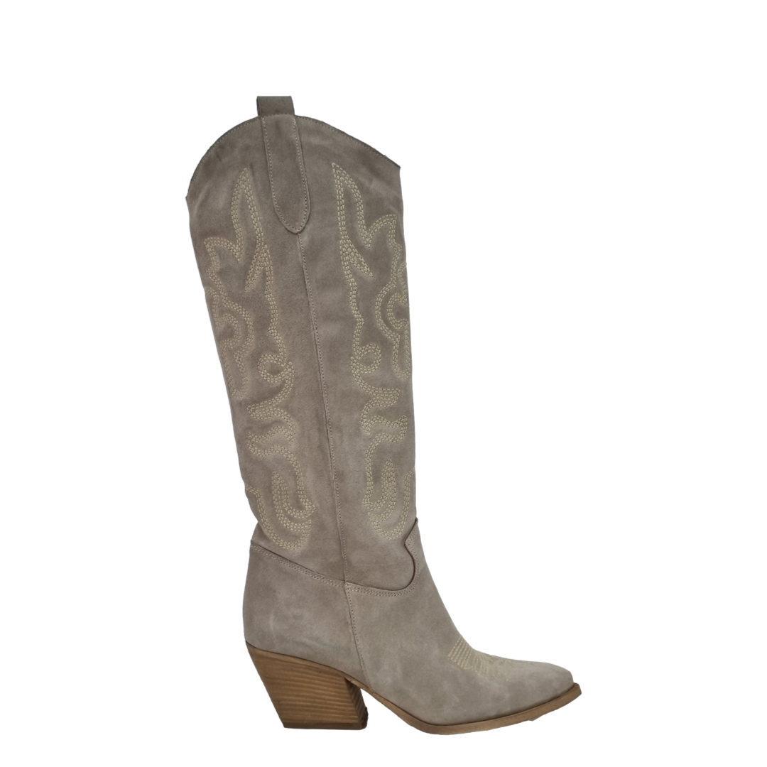 Stivali texani alti al ginocchio ricamo croce in camoscio beige