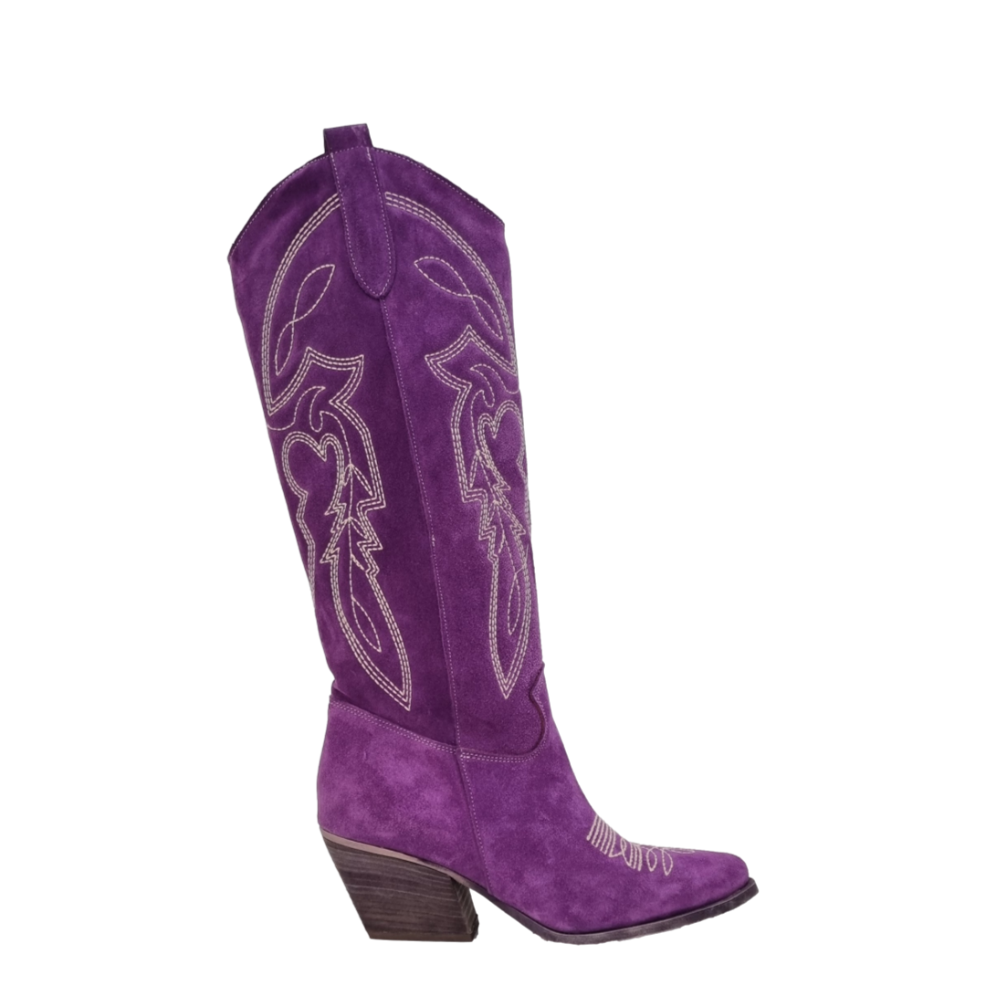 Stivali texani alti al ginocchio ricamo nuovo in camoscio viola