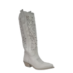Stivali texani alti al ginocchio laserati croce in pelle bianco vintage