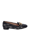 Mocassini in jeans strap nero con tacco basso e accessorio oro