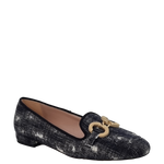 Mocassini in jeans strap nero con tacco basso e accessorio oro