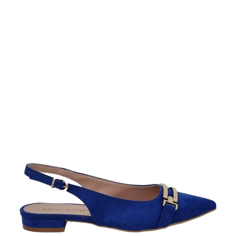 Ballerine chanel a punta in camoscio bluette con accessorio oro