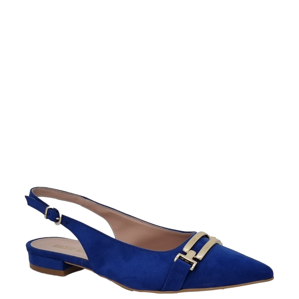 Ballerine chanel a punta in camoscio bluette con accessorio oro