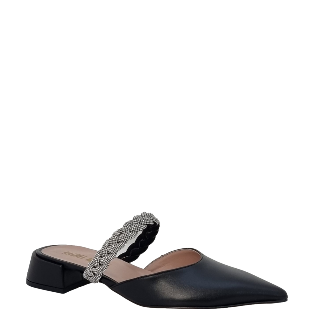 Ballerine scalzate a punta in pelle nero con treccia strass