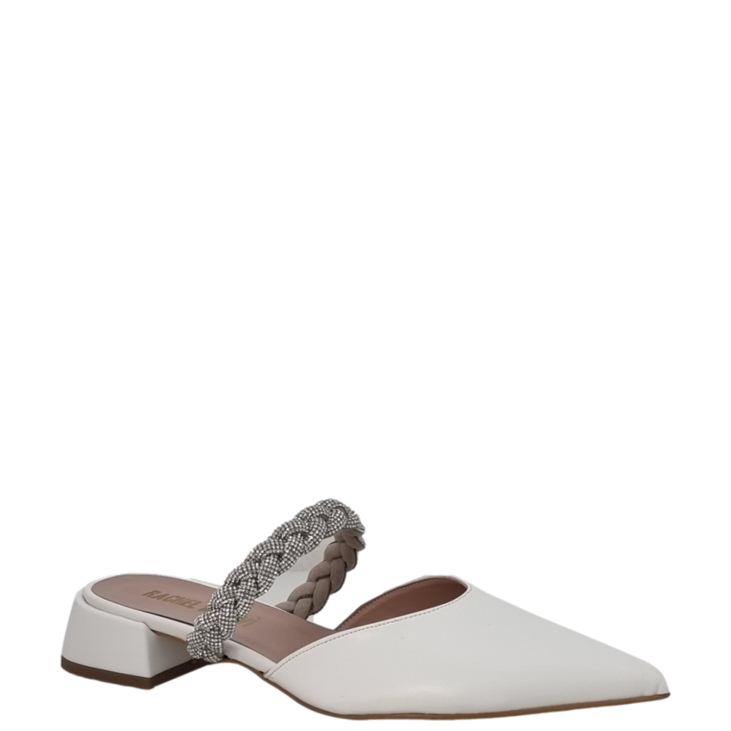 Ballerine scalzate a punta in pelle bianco con treccia strass