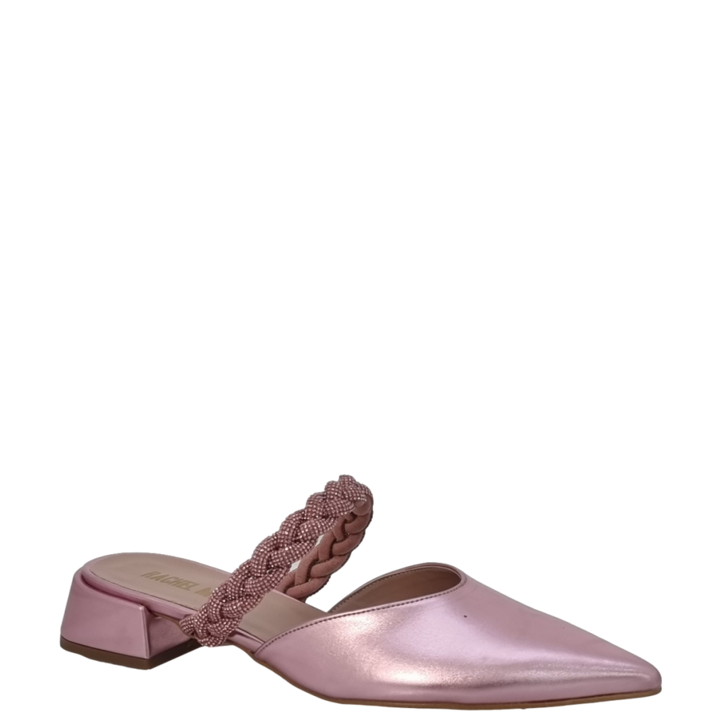 Ballerine scalzate a punta in laminato rosa con treccia strass