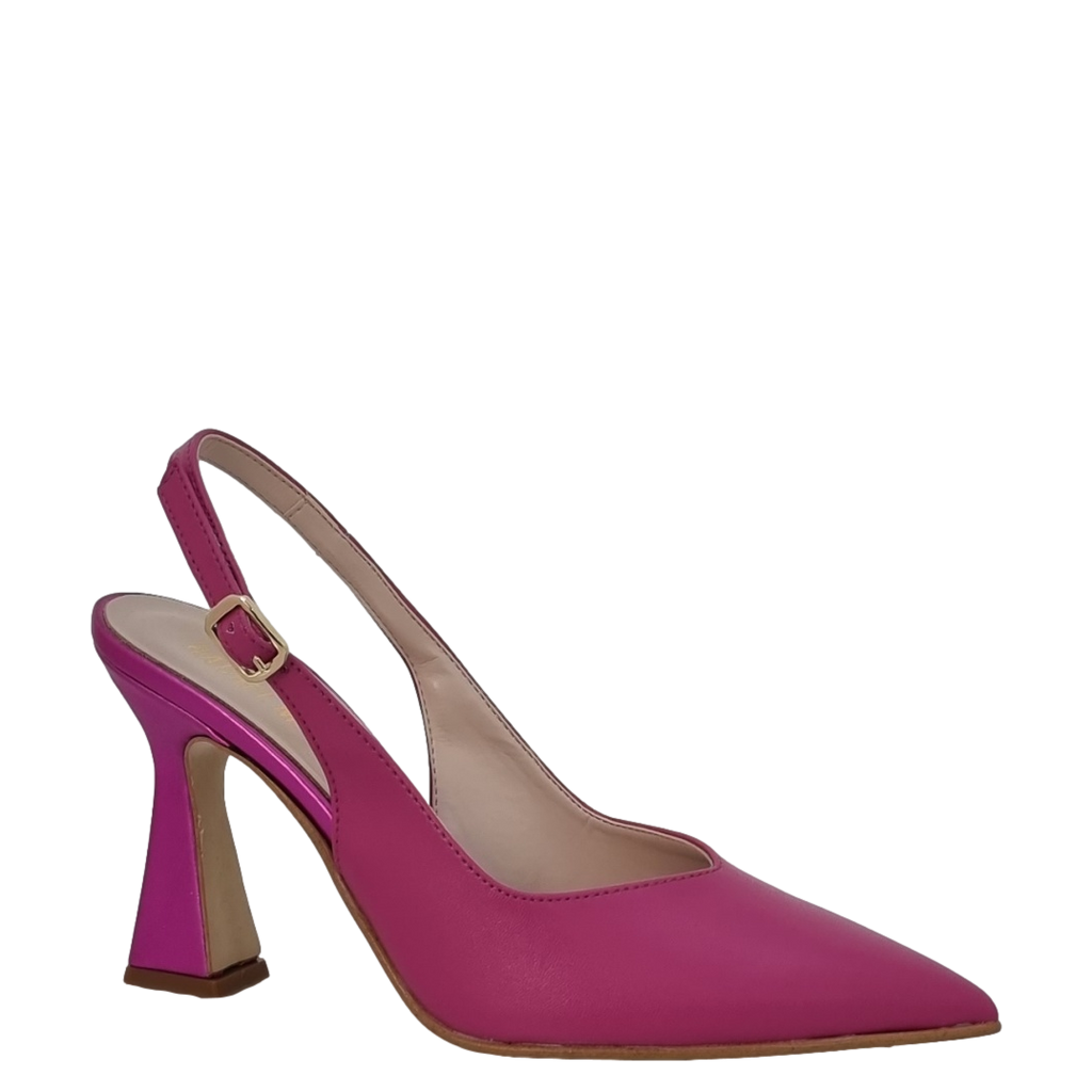 Décolleté chanel pelle fuxia scollo a V con tacco a clessidra