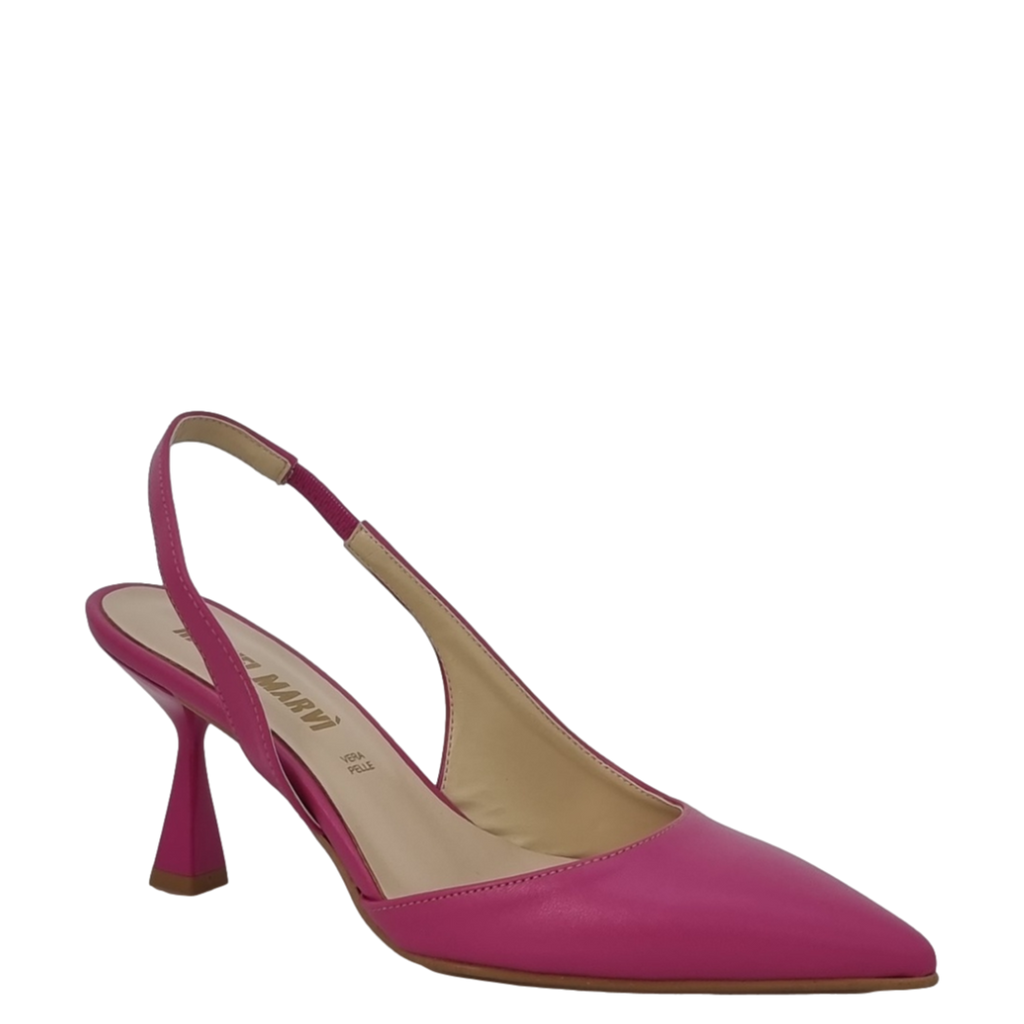 Décolleté chanel con elastico in pelle fuxia tacco laccato