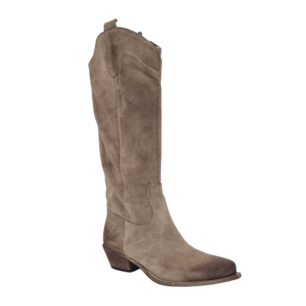 Stivali texani al ginocchio con tacco basso camoscio beige F/W