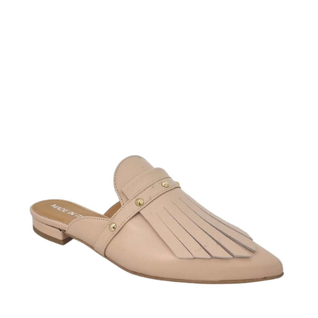 Slippers a punta nude con frange e borchie