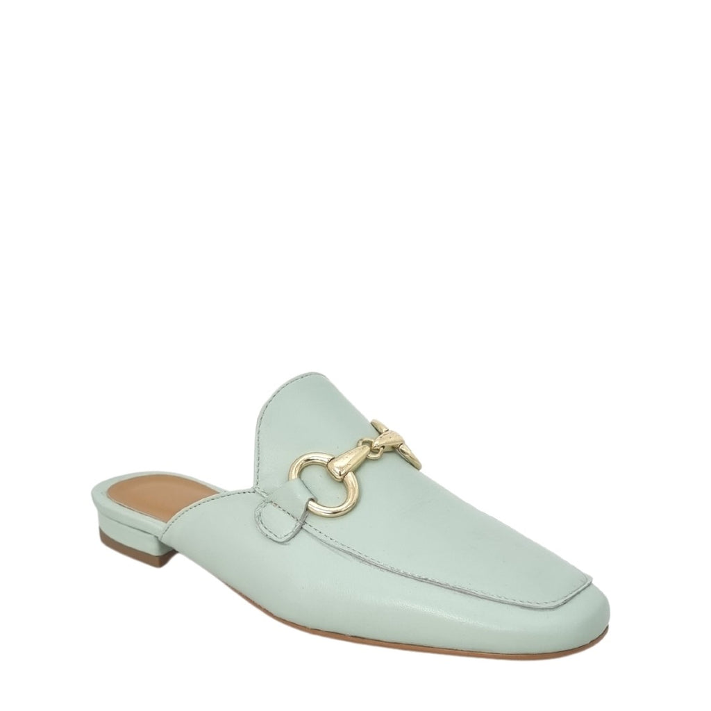 Mules vera pelle verde acqua con morsetto oro